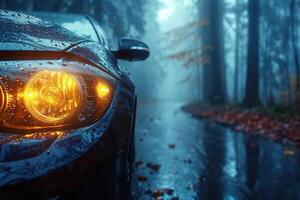 AI generated very close front view of the headlight of a modern black car glowing orange on the foggy forest road in the rain photo