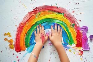 ai generado el manos de un pequeño niño dibujo arco iris en el blanco pared con brillante color pintar foto