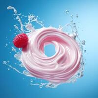 AI generated A round swirl of creamy pink liquid with one fresh raspberry on a bright blue background. photo