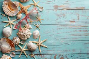 AI generated collection of various seashells, starfish and sunglasses on a light blue wooden background top view with copy space, summer flat lay frame design photo