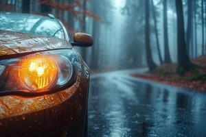 AI generated Front view of the headlight of a modern yellow car glowing orange against the background of a foggy forest road in the rain photo