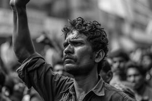 ai generado negro y blanco retro imagen de un joven grave trabajador levantamiento su mano arriba en el multitud a un derechos protesta reunión foto
