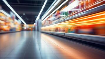 AI generated view from the floor, blurred background of a supermarket with shelves and a refrigerator with products photo