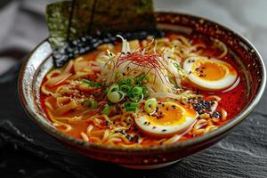 AI generated closeup bowl of delicious ramen on a dark wooden table, tasty traditional asian noodle soup top view photo