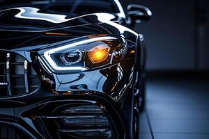 AI generated Close view of the headlight of a glossy reflective new black car parked indoors under bright lights photo