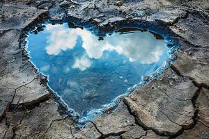 ai generado resumen corazón conformado claro charco reflejando azul nublado cielo en agrietado seco gris suelo foto