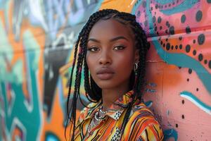 ai generado un joven hermosa africano americano mujer con afro trenzas soportes tranquilamente en contra el antecedentes de un colorido pintado pared foto