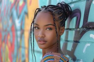 ai generado un joven hermosa afroamericano mujer con trenzas afro reunido en un bollo soportes sensual en contra el fondo de un colorido pintado pared. foto