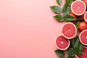 AI generated red ripe grapefruit frame on pink background top view, fresh fruit template with copy space photo