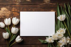AI generated mockup white blank paper sheet with white flowers top view on wooden background, floral template empty card flat lay for design with copy space photo