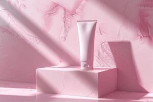 AI generated A pink empty mockup of a plastic cosmetic tube on a square podium on a pink wall with shadows background photo