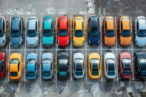 AI generated many different cars standing in rows in the parking lot, top aerial view photo