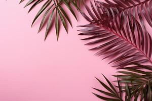 ai generado tropical palma hojas marco en rosado antecedentes parte superior vista, hermosa floral modelo con Copiar espacio foto