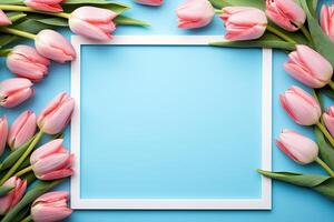 AI generated pink tulips flowers with white frame on blue background top view, beautiful floral template with copy space photo