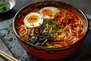 AI generated closeup bowl of delicious ramen with eggs on a wooden table, tasty traditional asian noodle soup photo