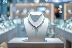 AI generated Beautiful expensive silver chain diamond necklace in a showcase at a jewelry store photo