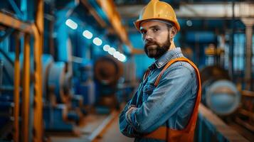 AI generated Portrait of a working man in a uniform and a hard hat. AI Generated photo