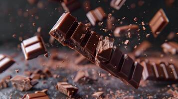 AI generated Sweet dark chocolate bar broken into pieces. AI Generated photo