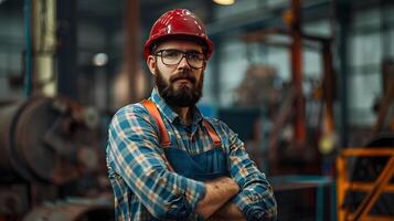 AI generated Portrait of a working man in a uniform and a hard hat. AI Generated photo