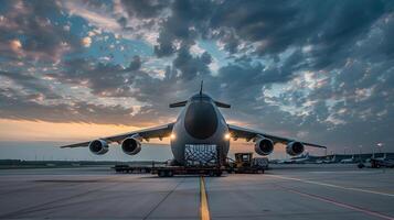 AI generated A cargo plane at the airport docks loads or unloads cargo. AI Generated photo