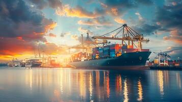AI generated A ship for transporting cargo containers and also unloading it at the docks of a cargo port. AI Generated photo
