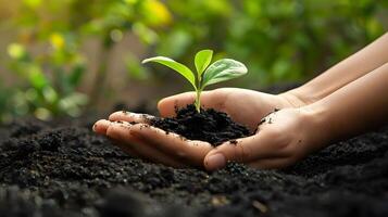 AI generated Human palms hold soil with a green small plant as a concept for business development. AI Generated photo