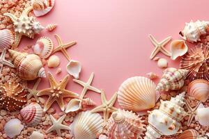 AI generated various seashells and starfish on a pastel pink background top view with copy space photo