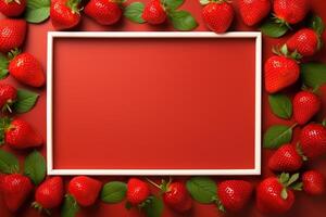 AI generated sweet red ripe strawberry mockup with white frame on red background top view, fresh berries template with copy space photo