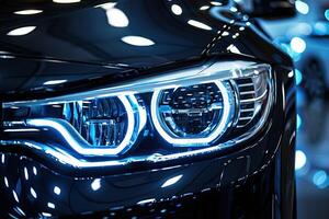 AI generated Closeup view of the headlight of a new shiny black car parked indoors under bright blue lights photo