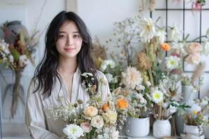 AI generated smiling young woman florist with black hair with a bouquet in a light interior of flower shop photo