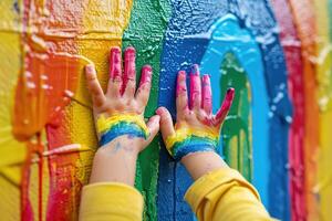 ai generado el manos de un pequeño niño dibujar en el pared con brillante colores foto