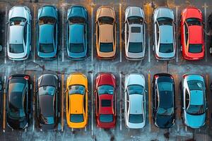 AI generated many different cars standing in rows in the parking lot, top aerial view photo