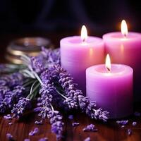 AI generated closeup of burning purple candles and dry lavender on wooden background photo