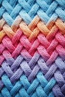 AI generated bright colors blue and pink knitted wool fabric macro vertical texture background, weave patterned surface photo