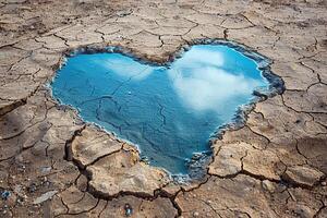 AI generated Abstract heart shaped clear puddle reflecting blue sky on cracked dry gray soil photo