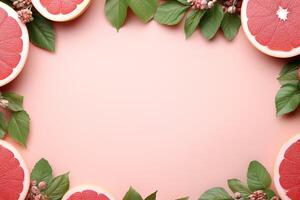 AI generated red ripe grapefruit frame on pink background top view, fresh fruit template with copy space photo