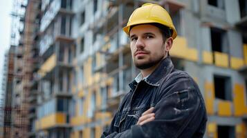 ai generado un hombre, un obrero, un constructor por profesión, en un uniforme y un casco. ai generado foto