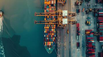 AI generated A ship for transporting cargo containers and also unloading it at the docks of a cargo port. AI Generated photo