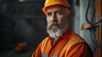 ai generado un hombre, un obrero, un constructor por profesión, en un uniforme y un casco. ai generado foto