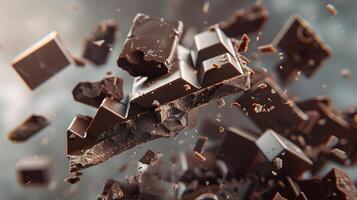 AI generated Sweet dark chocolate bar broken into pieces. AI Generated photo