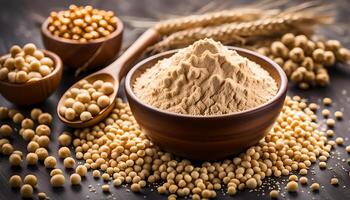 AI generated Soy flour in bowl and soybean photo