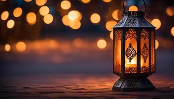 AI generated Ornamental Arabic lantern with burning candle glowing at night. photo