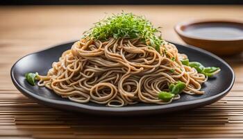 AI generated Soba noodles on plate, Japanese food photo