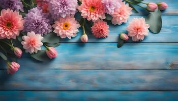 AI generated Beautiful flowers on blue wooden background photo