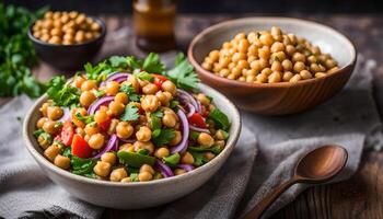 AI generated Chickpea salad in bowl, healthy vegan food photo