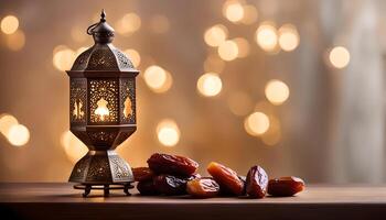 AI generated Ramadan lamp and dates still life photo