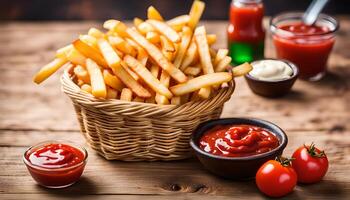 AI generated French fries in basket and ketchup on wooden table photo