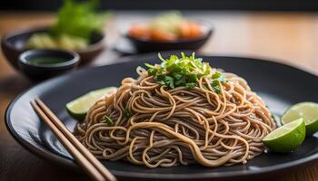 ai generado soba tallarines en lámina, japonés comida foto