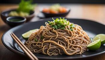 AI generated Soba noodles on plate, Japanese food photo