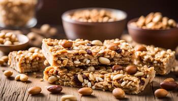 AI generated Granola bars on wooden table and peanuts photo